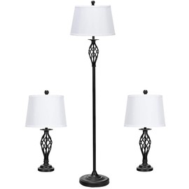 Tangkula Lamp Set 3-Piece Modern Home Living Room Bedroom Antique Bronze Finish Lamps, Floor Lamp and Table Lamps Set with Soft Pleated White Fabric Shades (Antique Bronze)