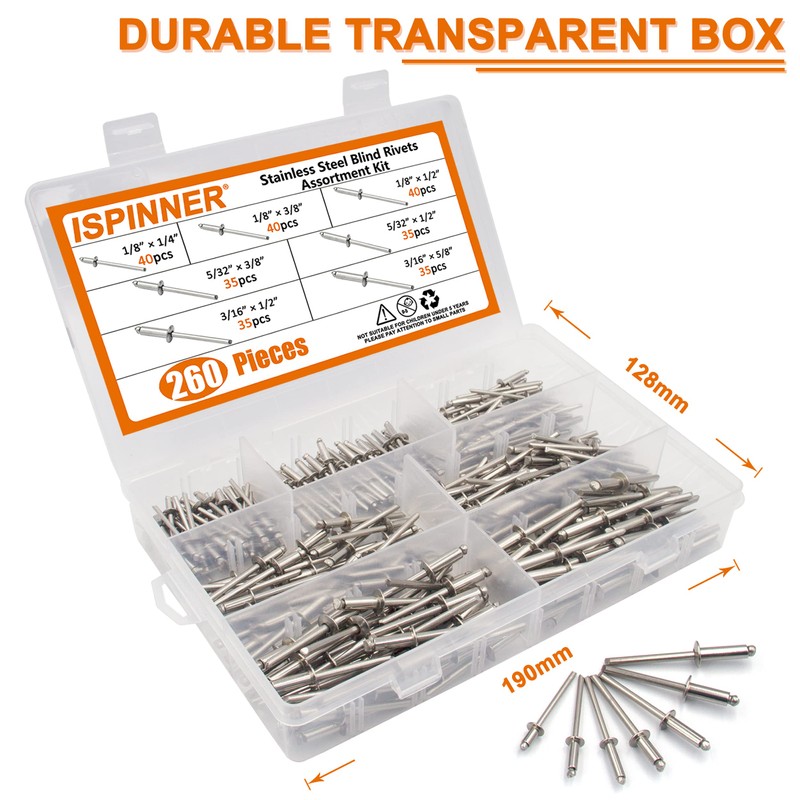 ISPINNER 260pcs Stainless Steel Blind Rivets, 7 Sizes Pop Rivets