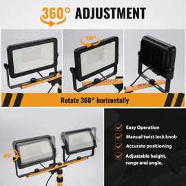 Rengue Work Light Rugged,20000 Lumen LED Work Light with Stand,200W 2 Adjustable Head Portable Work Lights with Foldable Tripod Stand for Construction Job Site Workshop