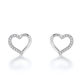 Women's Stud Earrings 925 Sterling Silver Heart Love Small Earrings Zirconia 8-9 mm Mother's Day Birthday Gift Box for Mum Wife Girlfriend, Sterling Silver, Cubic Zirconia