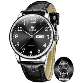 Watch for Men Black Leather Watch Mens Analog Quartz Arabic Numerals with Day Date Classic Wirst Watch for Mens Waterproof Big Face Minimalist Watch Black Dial Light Male Watches Relojes para Hombre…