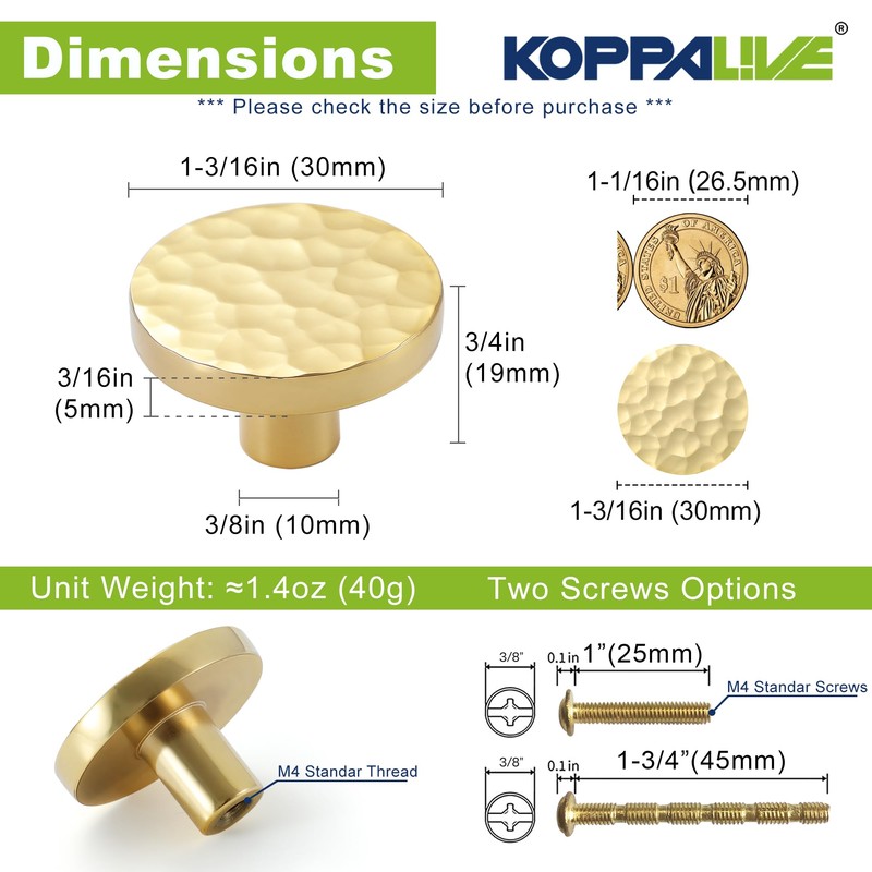 KOPPALIVE 10-Pack Modern Gold Cabinet Knobs, Hammered Solid Brass Drawer