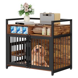 41inch Furniture Dog Crate with Drawers Storage, 360°and Adjustable Raised Feeder, Large Dog Crate Furniture for Large/Medium Dog Indoor