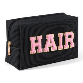 MAGEFY Small Makeup Bag for Purse Corduroy Makeup Bag for Women Makeup Pouch with Compartments (Black, HAIR)