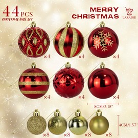LARAINE Christmas Balls Ornaments 44 Pcs Decorations for Christmas Tree, Shatterproof Hanging Ball Variety Gift Set of Holiday Party Wedding Decoration
