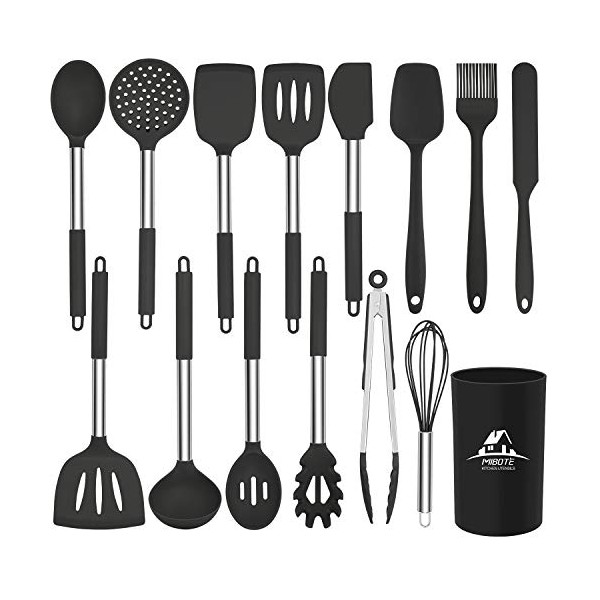 MIBOTE 15 Pcs Silicone Kitchen Utensils Set, Cooking Utensils Set with Heat Resistant BPA-Free Silicone and Stainless Steel Handle Kitchen Tools Set (Black)