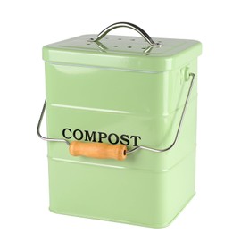 Compost Bin Kitchen Countertop Indoor Compost Pail Bucket, Great for Food Scraps, Carbon Steel, Handles, Green, 1 Gallon - Includes Charcoal Filter