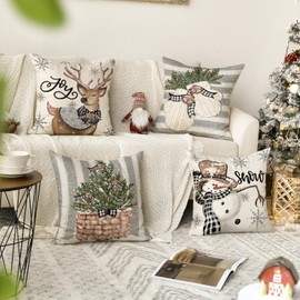 Christmas Cushion Covers Set of 4, Christmas Snowman Reindeer Gloves Eucalyptus Throw Pillow Covers 18x18,Linen Christmas Square Pillowcase for Sofa Car Home Christmas Decor Xmas Decorations