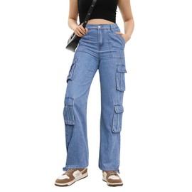 Women's Cargo Pants High Waisted Baggy Cargo Jeans Straight Leg Y2K Streetwear Trousers 8 Pockets for Women Denim