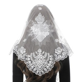Bozidol Mantilla Veils for Church Catholic, Triangle White Immaculate Heart Of Mary Embroidered Lace Chapel Veil, Latin Mass Prayer Head Coverings for Women