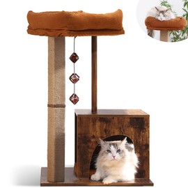 FUKUMARU Cat Scratching Post, Modern Style Cat Tree with Unique Square Post, Wooden Cat Tower with silvervine Balls, Retro Cat Condo Scratcher for Indoor Cats（Solid Wood）