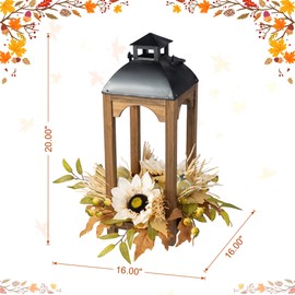 Glitzhome 20" H Fall Decorative Wood Lantern - Lantern Table Decor Filled with Neutral Sunflower, Pumpkin and Leaf, Autumn Decor for Porch, Garden, Table Centerpiece Decoration