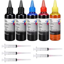 AYMSous Ink Refill Kit for HP 60 61 63 64 65 902 932 952 950 951 564 Refillable Ink Cartridge for HP Envy 4500 4520 5643 OfficeJet 6500a 6500 6000(5x100ML 2 Black, 1 Cyan. 1 Magenta, 1 Yellow)