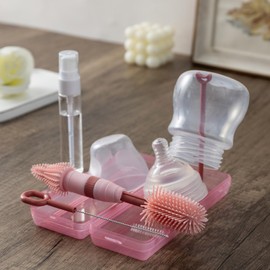 Travel Bottle Cleaner Kit, Anivona 5 in 1 Baby Bottle Cleaner Kit with Extendable Silicone Brush, Nipple Brush, Straw Brush, Soap Dispenser, Drying Rack, Ideal Gifts for Baby Travel Essential (Pink)