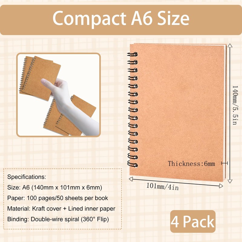 4 Pack A6 Spiral Notebooks Left & Right Flipping, Wirebound