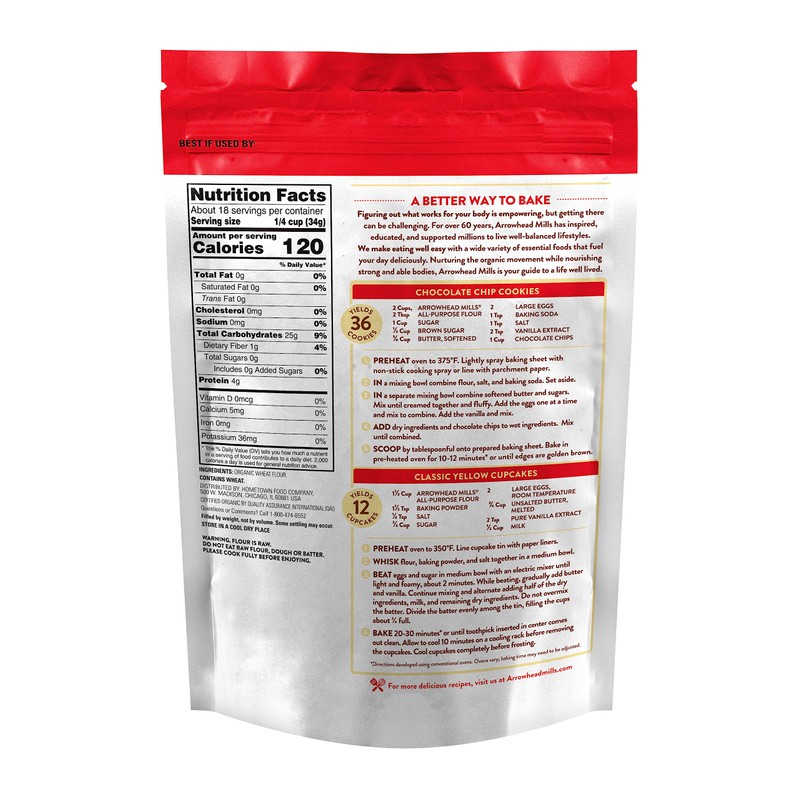 Arrowhead Mills Flour, Unbleached White, 95% Organic, 25 Pound Package