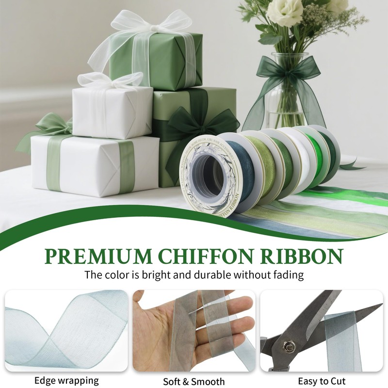 6-Roll Sheer Organza Ribbon 1" x10yd, Mixed Colours, Satin Hem