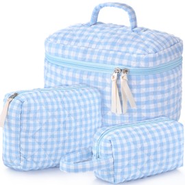 Paterr 3 Pieces Cotton Quilted Makeup Bag Set Coquette Cosmetic Bag Aesthetic Travel Toiletry pouch Cute Pouch Kawaii Aesthetic for Women(Blue,White and Blue Plaid)