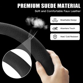 SthExtra Suede Steering Wheel Cover, Anti Heat, Breathable, Anti-Slip, Leather Universal Steering Wheel Cover (Black with Embossing Pattern, Standard Size[14 1/2"-15" ])