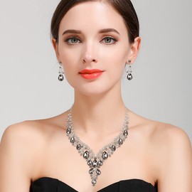 BriLove Women's Wedding Bridal Austrian Crystal Teardrop Flower Leaf Vine Cluster Statement Necklace Dangle Earrings Jewelry Set Grey Silver-Tone