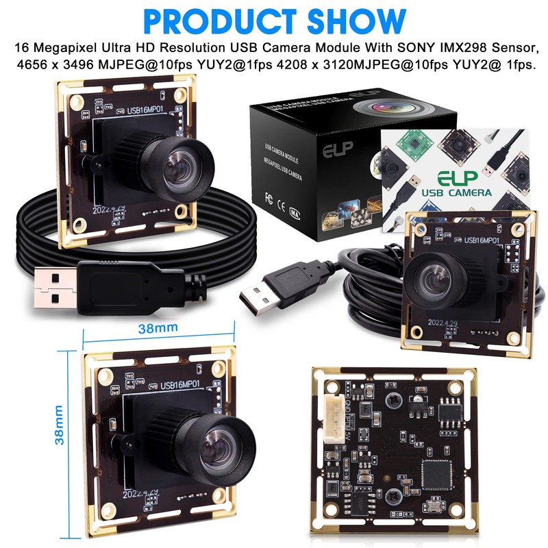 ELP 16MP USB Camera 4656x3496 Sony IMX298 Sensor, USB2.0 Camera