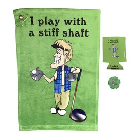 Giggle Golf I Play with A Stiff Shaft Golf Towel, Poker Chip, and Can Cooler | Funny Golf Towel