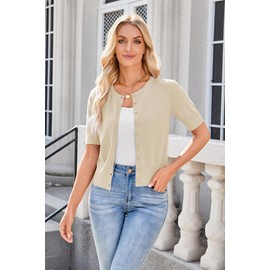 Newshows Short Sleeve Cardigan for Women UK Summer Cropped Cardigan Knitted Buttons Down Bolero Shrug Apricot,XL