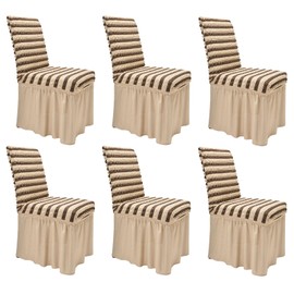 NICEEC High Stretch Chair Covers for Dining Chairs Covers Set of 6 Removable Dining Room Chair Covers with Skirt Spandex Parson Chair Slipcovers for Kitchen Wedding Party(Striped Cream&Brown)