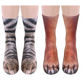2Pairs 3D Socks Unisex Adult Big Kids Animal Paw Crew Socks - Sublimated Print (dog+cat) Medium