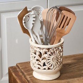 JH JIEMEI HOME Farmhouse Kitchen Utensil Holder for Countertop, Ceramic Large Cooking Utensil Crock with Cork Mat, Decorative Rustic Utensil Holder for Kitchen Counter, Hollow Carving Flower, Gray