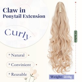 TESS 24'' Curly Ponytail Extensions, 210g Claw in Long Ponytail Extension, Hair Pieces for Women, Natural Blonde Mixeded Bleach Blonde