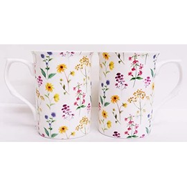 Meadow Flowers Mugs Set of 2 Fine Bone China Multicolour Floral Hand Decorated UK