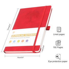 JUNART Notebook A5 Lined for Men and Women with 192 Pages, Leather Hardcover Notebook for Personal Writing, Study, Office, Travel Recording or Gifts (Red)