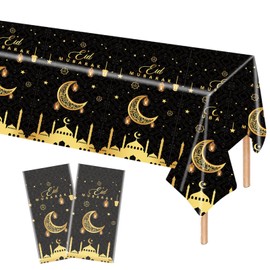 Pack of 2 Eid Mubarak Tablecloth, Plastic Rectangular Eid Ramadan Tablecloths for Eid Party Accessories, Waterproof Tablecloth for Indoor and Outdoor Dining Table (Black Gold)