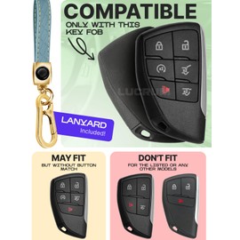 for GMC Yukon Key Fob Cover and Leather Keychain - TPU Key Case for Chevy Suburban, Tahoe for Buick Avenir, Envision - 2021-2023 Keyfob Cover Compatible with YG0G21TB2 - Blue and Gold