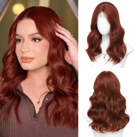 Niceone Hair 18 inch Wavy Wigs for Women - Middle Part Wavy Medium Brown Highlight Wig with Upgraded Strands Synthetic Natural Hairline Wig (Copper Red, 18 Inch)