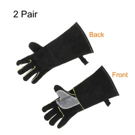 sourcing map 2Pair A3036 Welding Gloves 16" Fire Heat Resistant Long Sleeve Cowhide Leather BBQ Grill Gloves for Welding Fireplace Oven Baking Garden