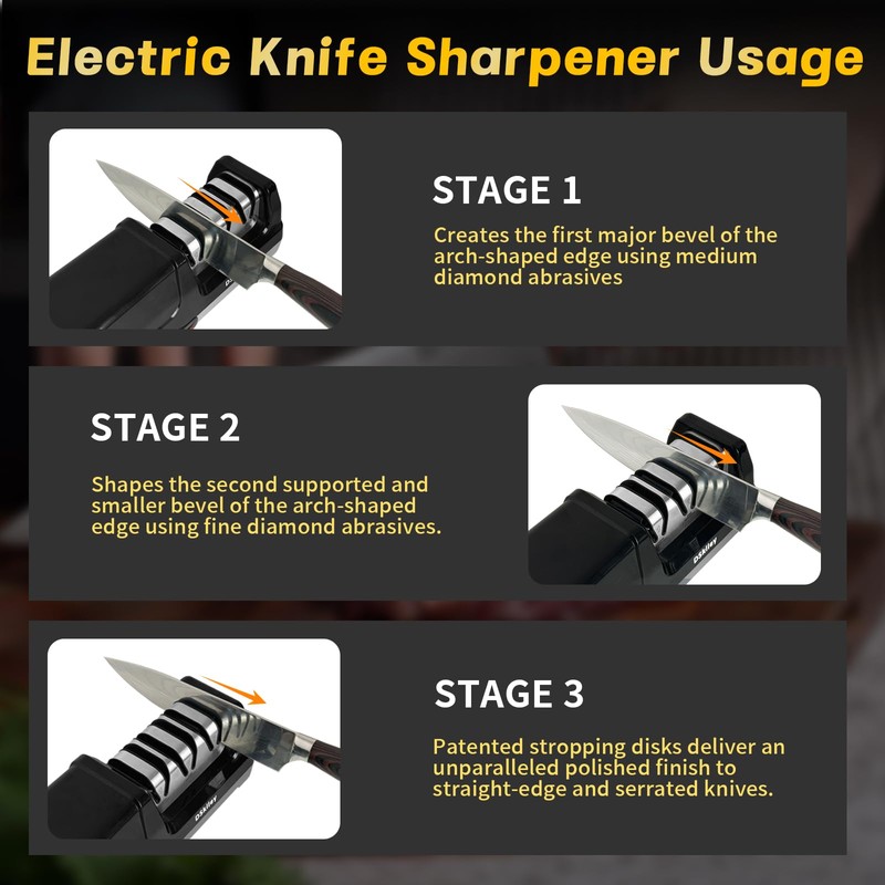 Electric Knife Sharpener for Kitchen – Professional 3-Stage 100% Diamond