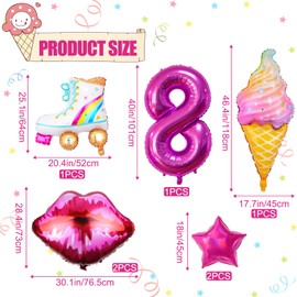 7 Pc Hot Pink Red Lips Foil Balloons,Ice Cream and Skating Shoes Shaped Foil Mylar Balloons for Red Lips 8th Birthday Decorations Hot Pink Party Supplies (8th)