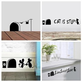 Pack 4 Mouse Hole Wall Art Stickers Vinyl Decal Mice Skirting Board Wall Art Decoration Removable Decal Peel & Stick Wall Art Vinyl Decals