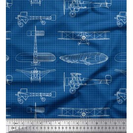 Soimoi Blue Silk Fabric Check & Airplane Transport Printed Fabric 1 Yard 42 Inch Wide