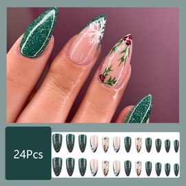 24 Pcs Christmas Press on Nails Short Almond, ASABITE Christmas Fake Nails Glitter Green French Tip False Nails with Snowflake and Leaf Designs Winter Xmas Nails Holiday Glue on Nails for Women