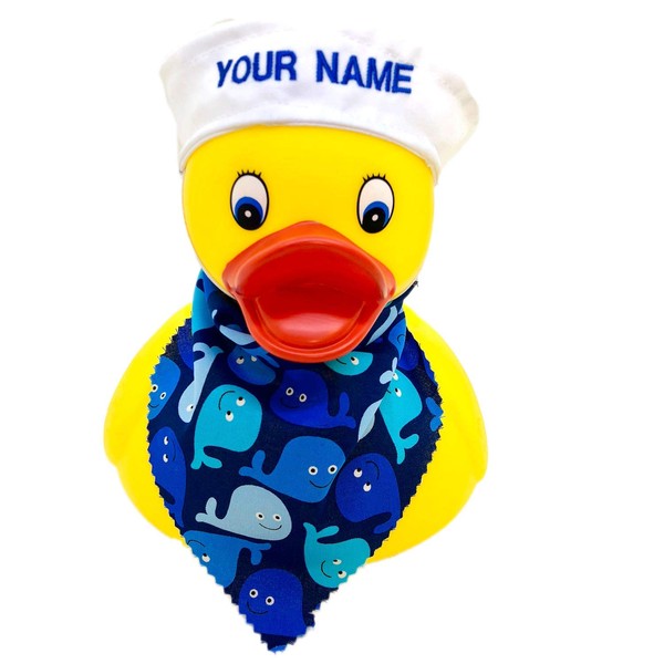 Ducks in the Window Personalized Custom Jumbo Rubber Duck Your Name Here | Child Safe | Sealed No Mold | Bath Toy | Spa | Pool (Sailors Cap - Whales)