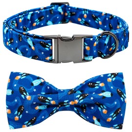 Bobo Rainbow Dog Collar, Bowtie Dog Collar Rockets Print Boy Pet Collar Bow Tie Collar for Dogs Soft Durable Adjustable Dog Collar for Large Dogs