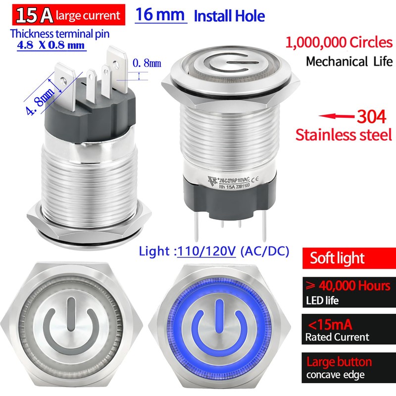 UL Listed (15Amp) 16mm 5/8'' Latching Push Button Switch Blue