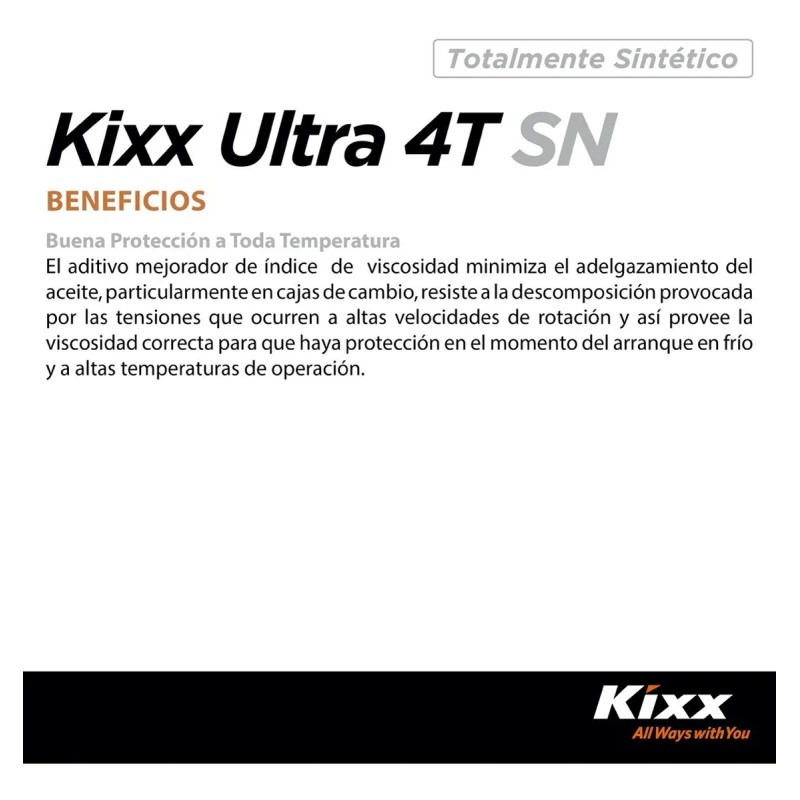 Aceite Moto Sintético Kixx Ultra 4t Sn/ma2 10w-40, 1l