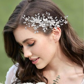 ALUINN Silver Bridal Hair Comb For Wedding Hair Accessories, Crystals Bridal Hair Comb Piece, Pearls, Leaves Hair Piece for Brides, Women