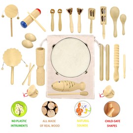 Ulifeme Wooden Musical Instruments, 27pcs Percussion Instruments for Baby, Kids and Toddler, Children's Pure Wood Toys Set, Premium Percussion Rhythm Kit, Girls & Boys Gift, Pure Cotton Bag Packed