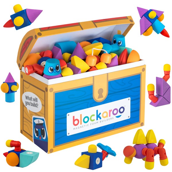 Blockaroo Magnetic Foam Blocks – STEM Preschool Toys for Children, Toddlers, Boys and Girls, The Ultimate Bath Toy – 100 Piece Set with Toy Chest, Bath Building Blocks, Engineering Toys for Kids 3-6