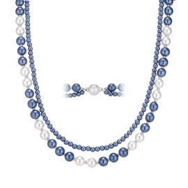 Pearl Beaded Necklaces for Women Double Strand Faux Pearls Bead Choker - Ball Clasp Layered Statement Wedding Jewelry Gifts(Blue)
